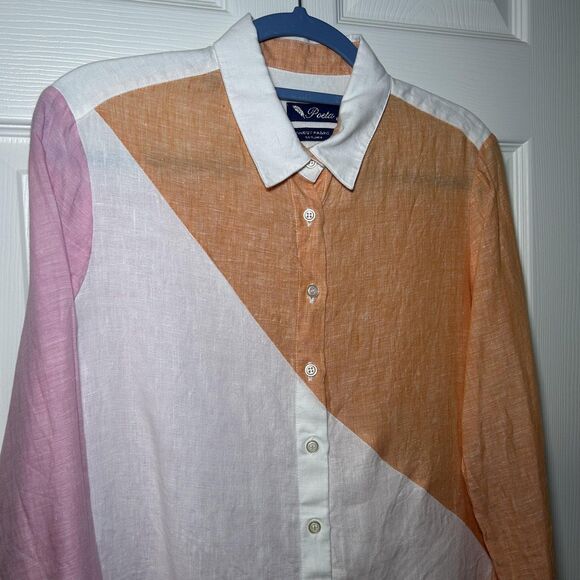 Poeta Shirt Mens XL Colorblock Pink Orange White 100% Linen Button Front NWOT - Picture 3 of 8